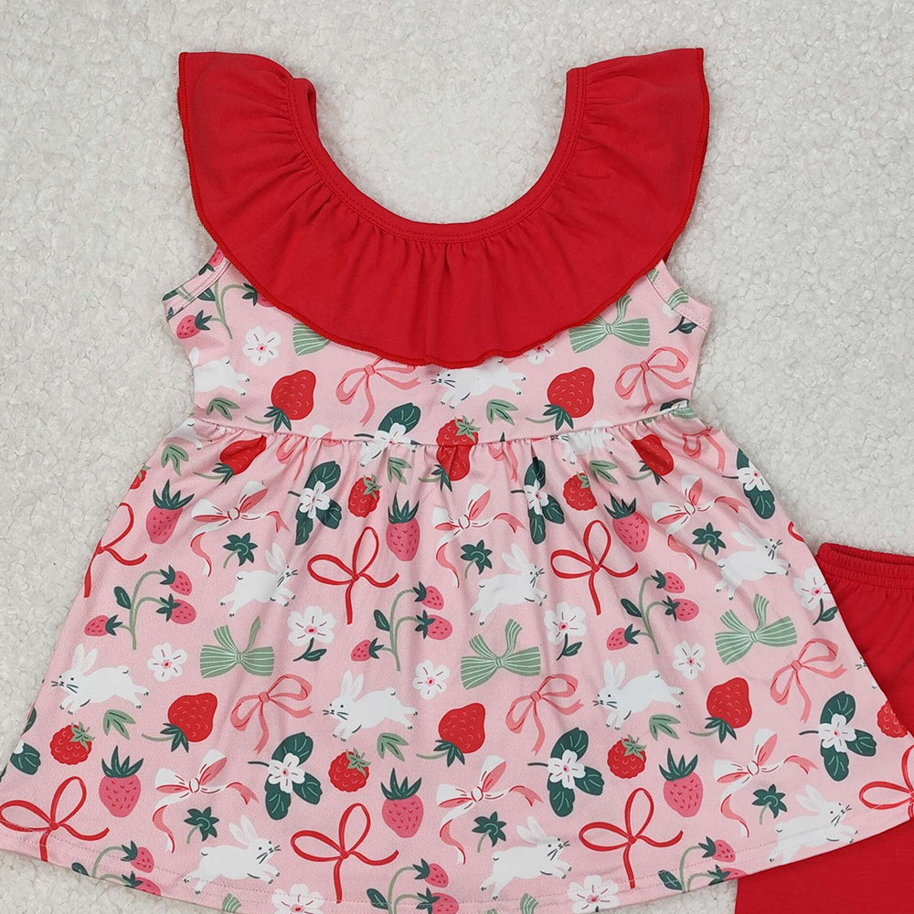 GSSO1914Girls Sleeveless Ruffle Striped Rabbit Bow Easter Clothing Cute Spring/Summer Outfit for Kids