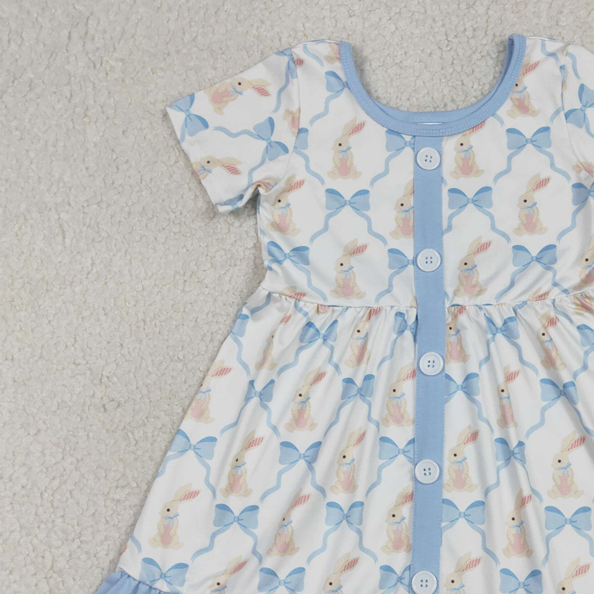 1.9 RTS NO MOQ （In stock）GSD3416 Baby Girls Bows Rabbits Checked Button Easter Ruffle Knee Length Dresses