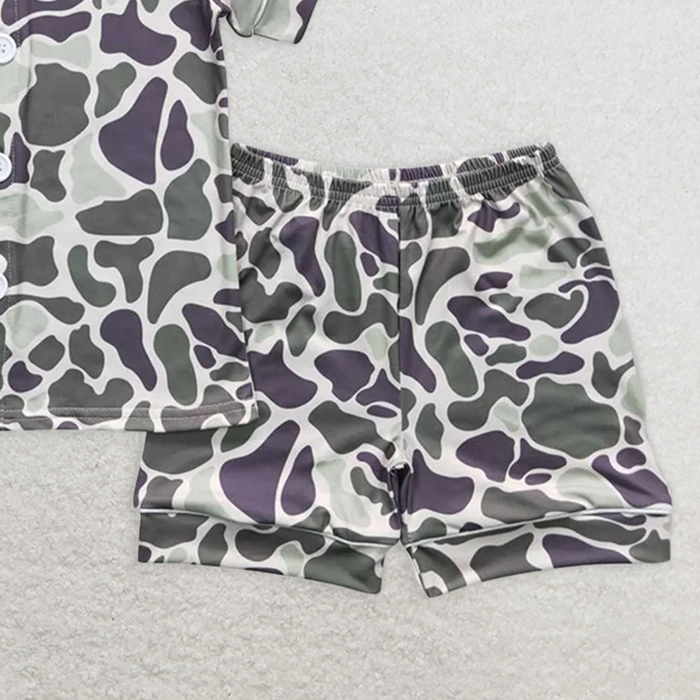 BSSO0332RTS NO MOQ Baby Boys Summer Pajamas Outfits   Baby Boys Light Green Camo Buttons Shirt Shorts Summer Pajamas Clothes Sets