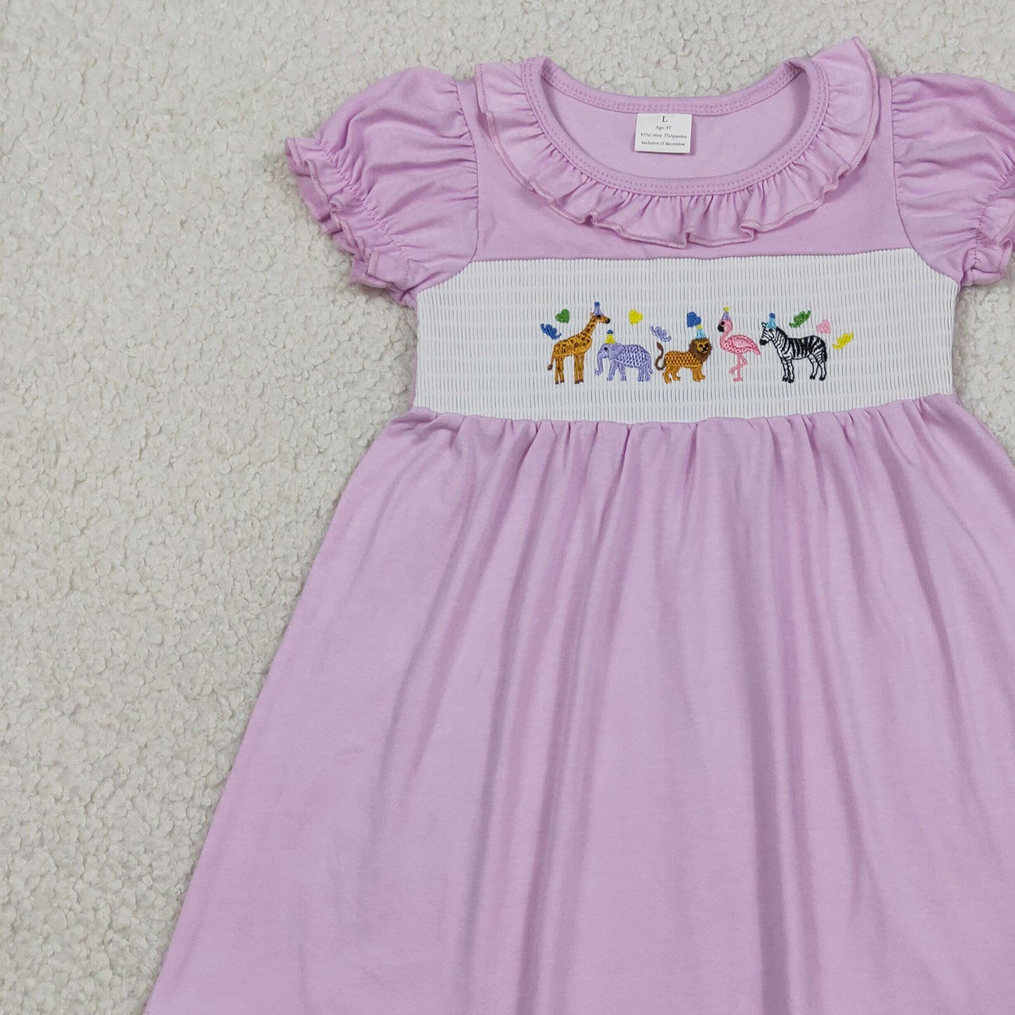 GSD3578 RTS NO MOQ （In stock ）Short sleeves animal smocked happy birthday girls dress
