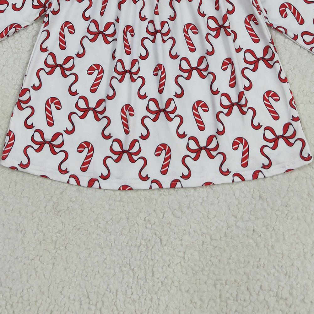 RTS NO MOQ （In stock）GLD1130 Baby Girls Winter Dress Baby Girls Christmas Red Bows Candy Cane Knee Length Dresses