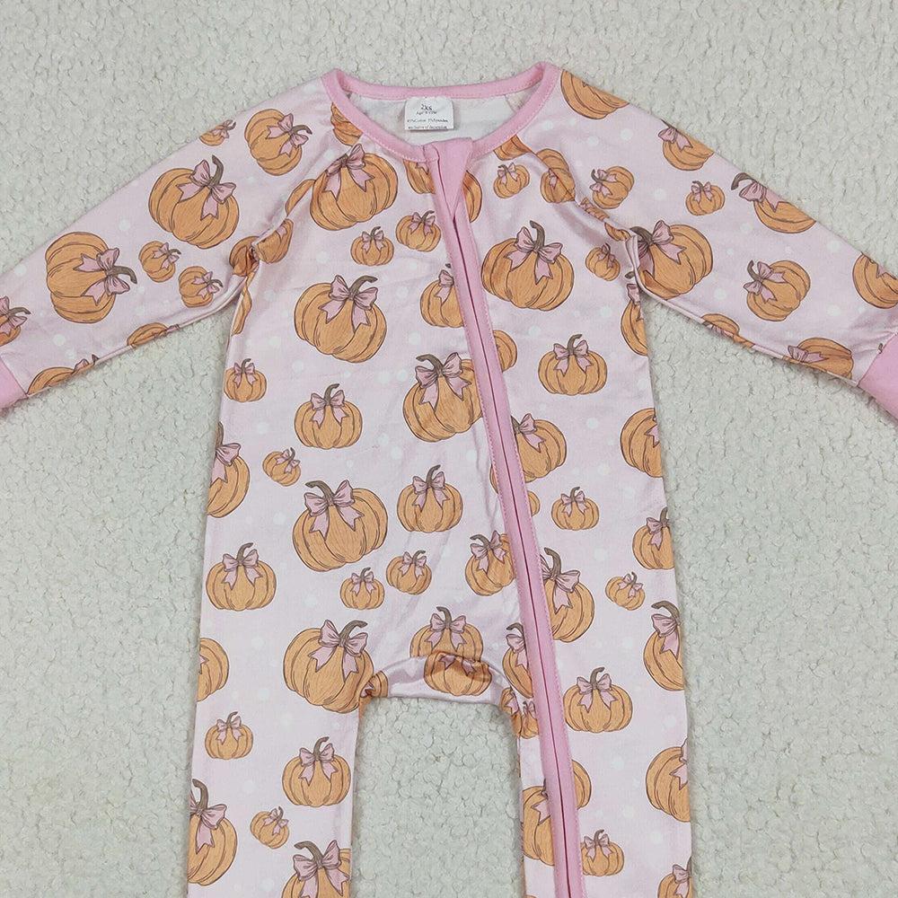USA Shop (in stock)LR2271 Baby Girls Winter Rompers Baby Girls Long Sleeves Pink Bows Pumpkins Footie Zipper Rompers