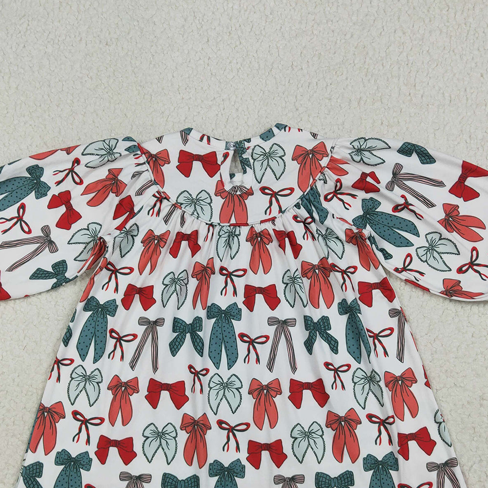 4.28 RTS NO MOQ （In stock） GLD1028 Baby Girls Winter Dress Red green bow long sleeves girls Christmas dress