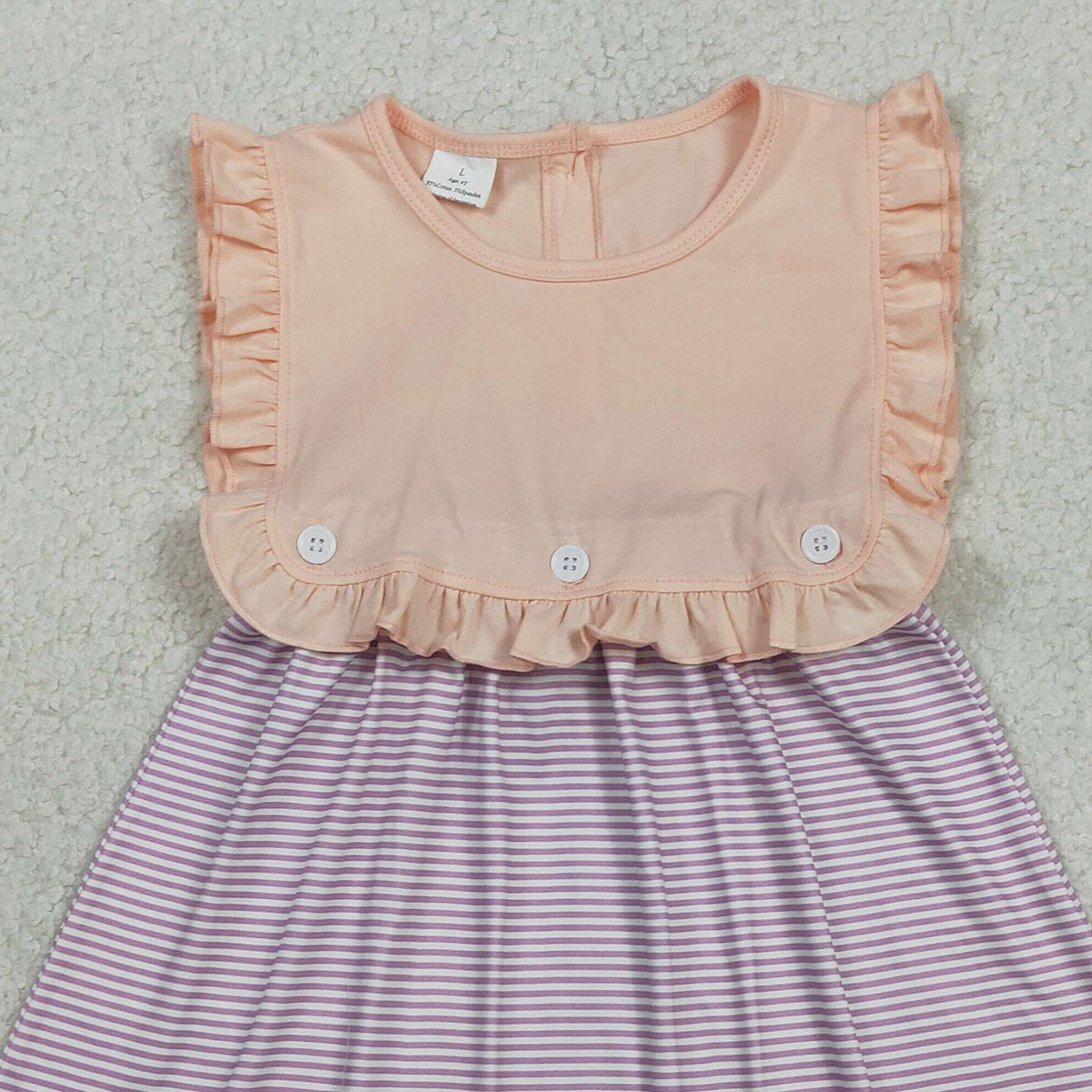 2.4 RTS NO MOQ （In stock）GSD3559 Baby Girls Peach Sleeveless Lavender Stripe Button Knee Length Dresses