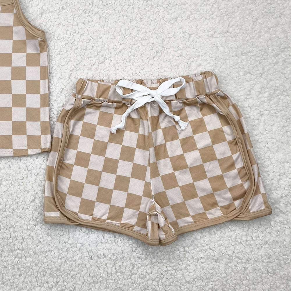 6.20 GSSO2335RTS NO MOQ Baby Girls Summer Outfits baby girls clothes plaid sleeveless shorts set