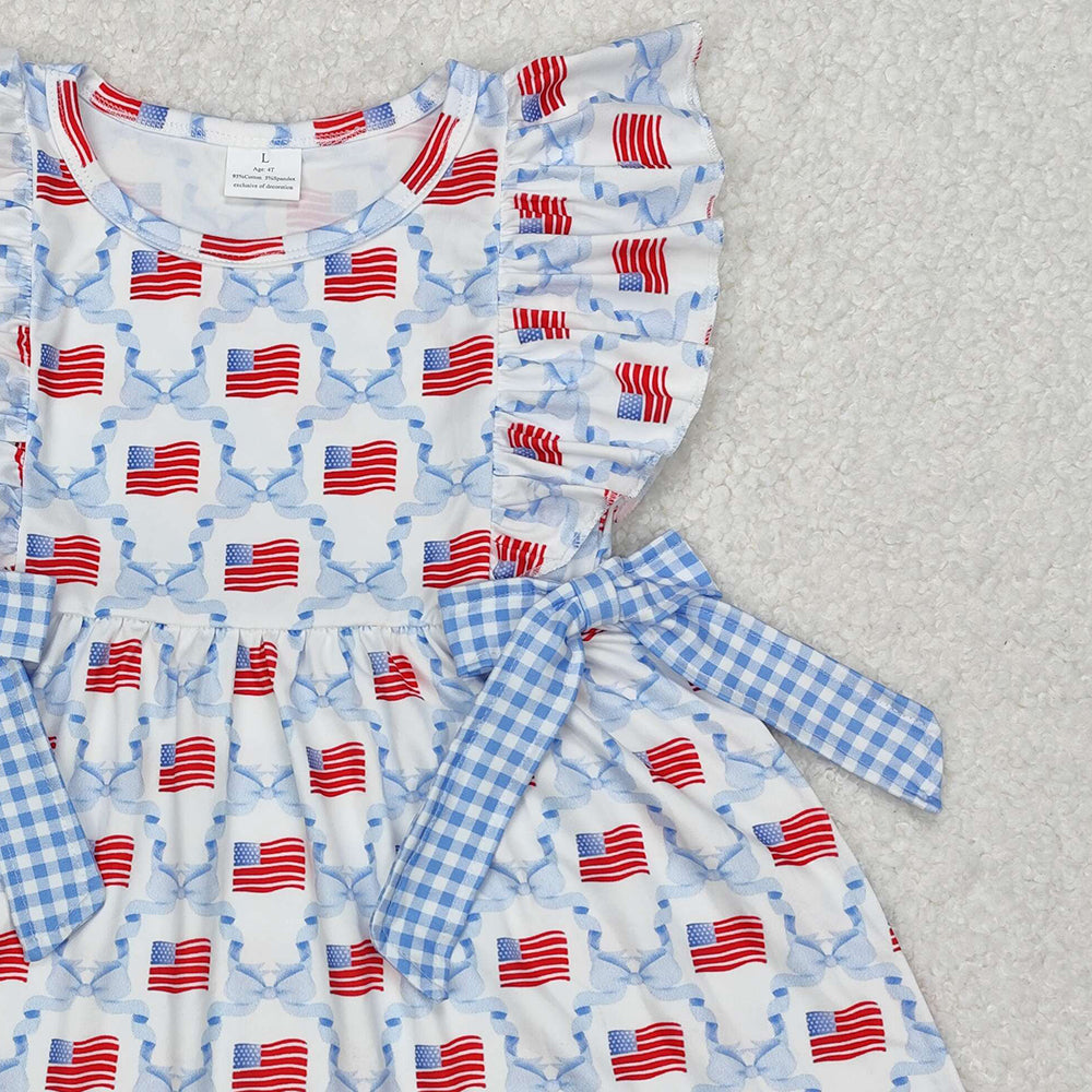 GSD1641Light Blue Plaid Bow Flag 4th of July Dress for Kids Girls Cute Patriotic Plaid Skirt with Bow Detail