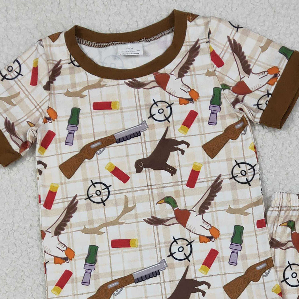 12.17 RTS NO MOQ （In stock）BSPO0634 Baby Boys Khaki Checked Dogs Ducks Top Pants Hunting Pajamas Sets