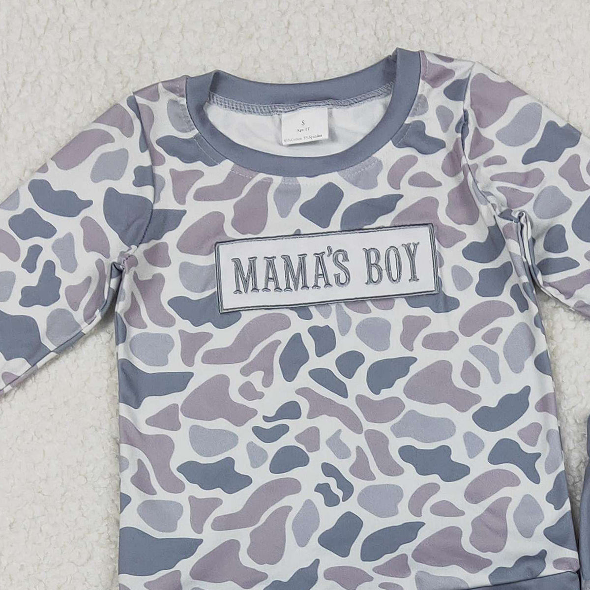 11.20 RTS NO MOQ （In stock）BLP1335 Embroidery Mama's Boy Baby Boys Grey Camo Pockets Jogger Pants Clothes Sets