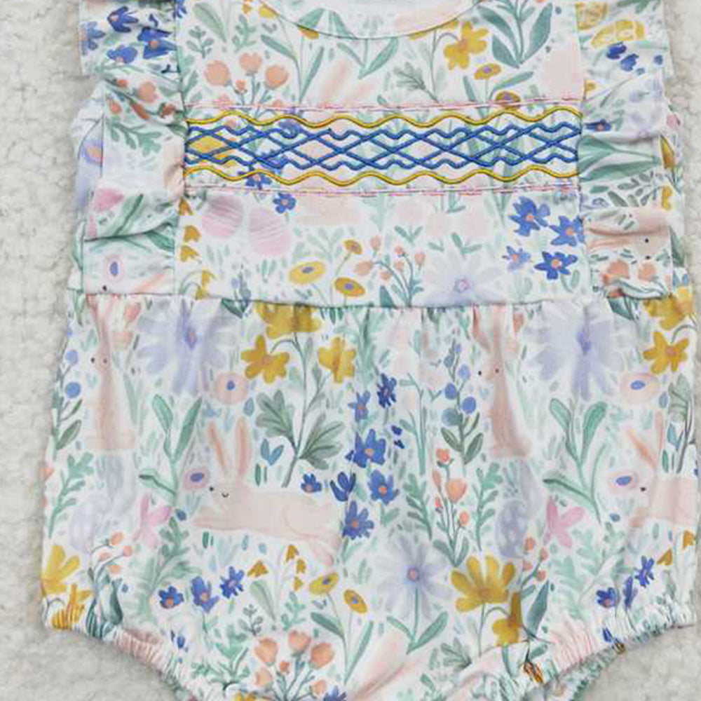 5.19  SR0262 RTS NO MOQ Rabbit floral embroidery baby girls easter romper