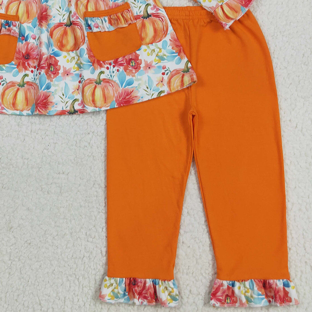 RTS NO MOQ （In stock）GLP2399 Baby Girls Winter Outfits Baby Girls Fall Pumpkins Pockets Tunic Legging Pants Set