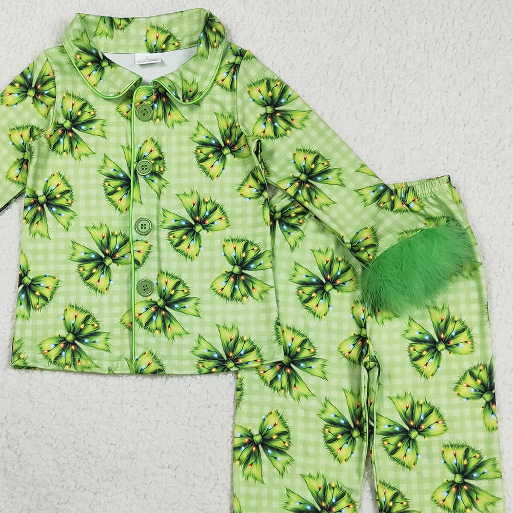 RTS NO MOQ （In stock）GLP2581 Baby Girls Winter Outfits Baby Girls Fur Sleeve Green Bows Plaid Button Top Pant Christmas Pajamas Set