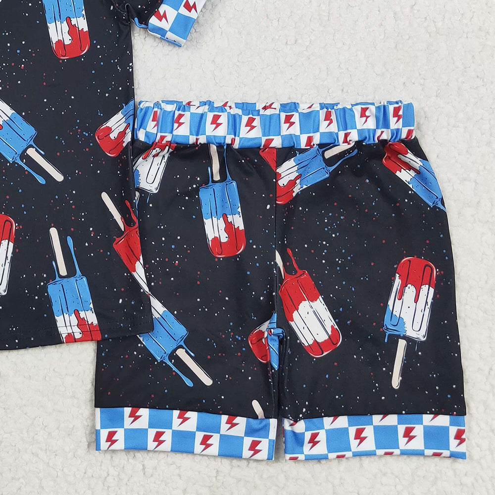 BSSO1401 RTS NO MOQ Baby Boys Summer Boys Outfits Baby Boys Black Short Sleeves Popsicle Shirt Shorts 4th Of July Pajamas Sets