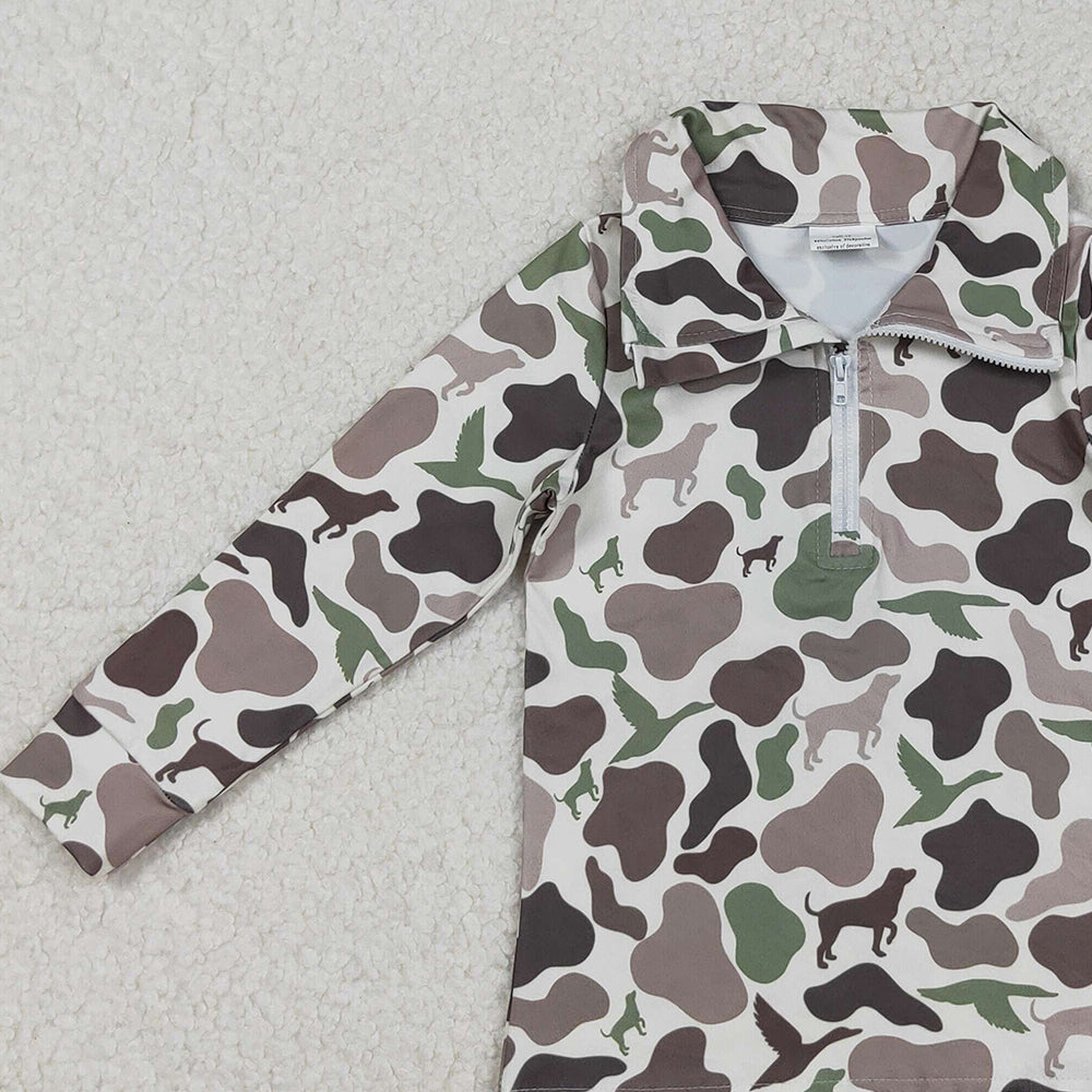RTS NO MOQ （In stock）BT0955 Baby Boys Long Sleeve Tops Camouflage Half Zip Pullover Top Southern Dogs And Ducks Design