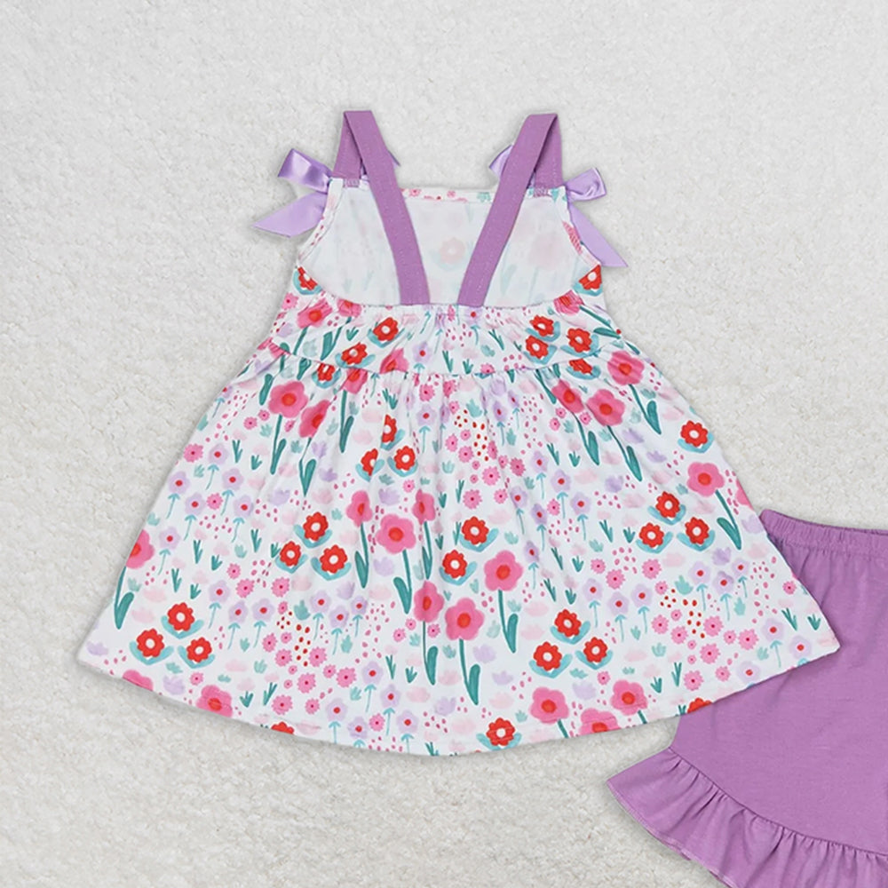 GSSO0992 RTS NO MOQ Baby Girls Summer Outfits Flower purple lace bow sleeveless shorts set