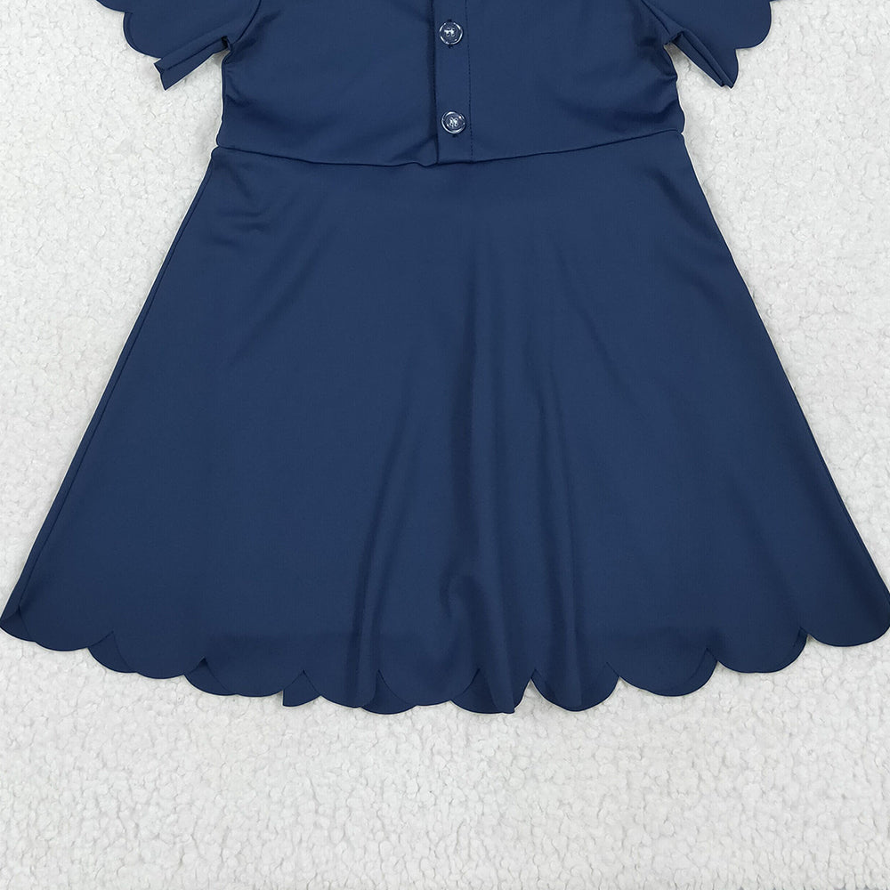 7.02 GSD2487RTS NO MOQ Baby Girls Summer Yoga Dress Baby Girls Navy Short Sleeves Button Yoga Knee Length Dresses