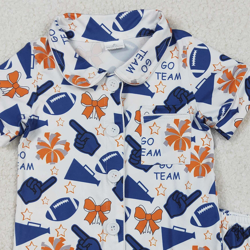 RTS NO MOQ （In stock）GSSO2675 Baby Girls Summer Pajamas Outfits Navy Cheer Team Football Button Top Short Pajamas Set Casual Comfortable Sleepwear