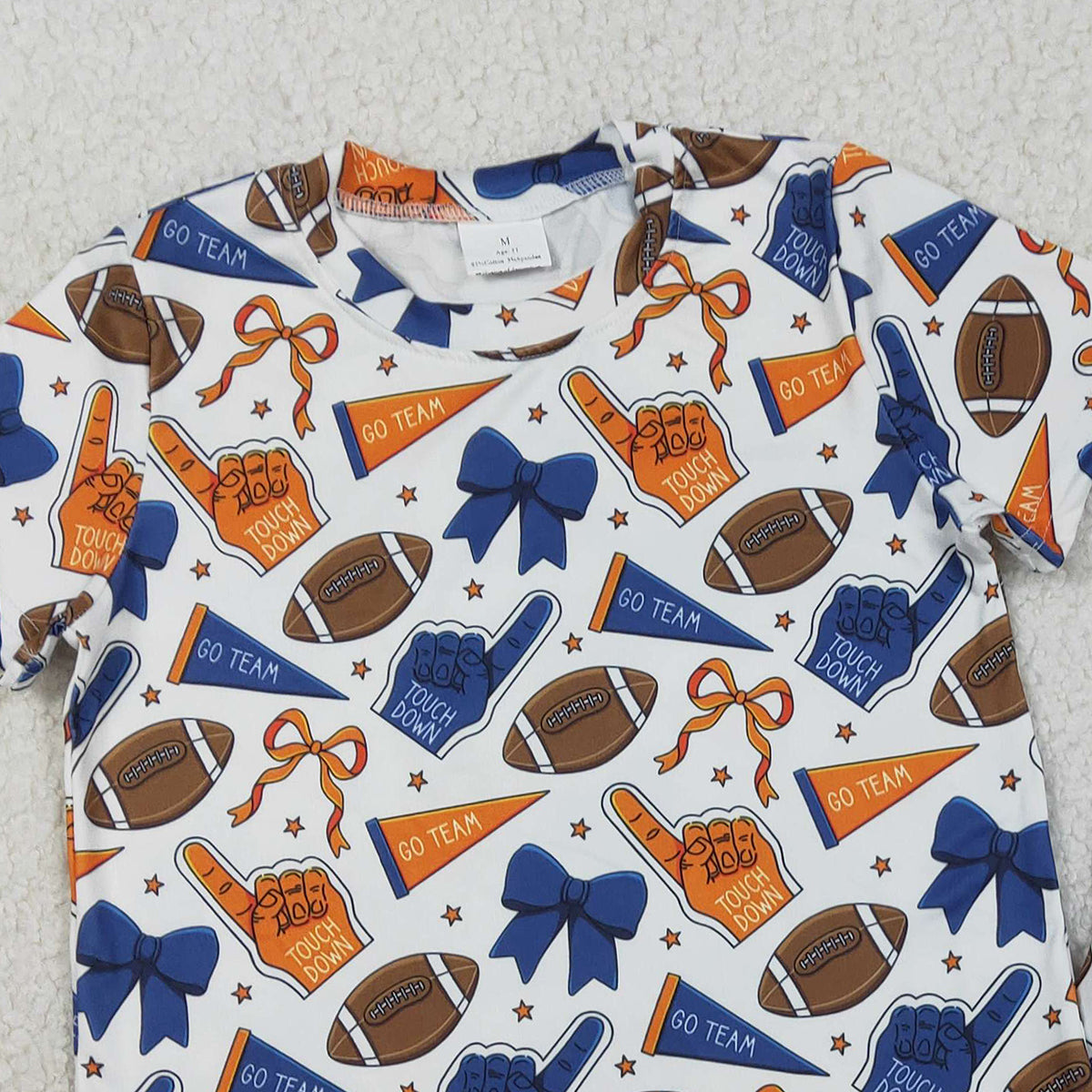 1.26 RTS NO MOQ （In stock）GSSO2722 Baby Girls Blue Orange Bows Footballs Top Shorts Team Pajamas Clothes Sets