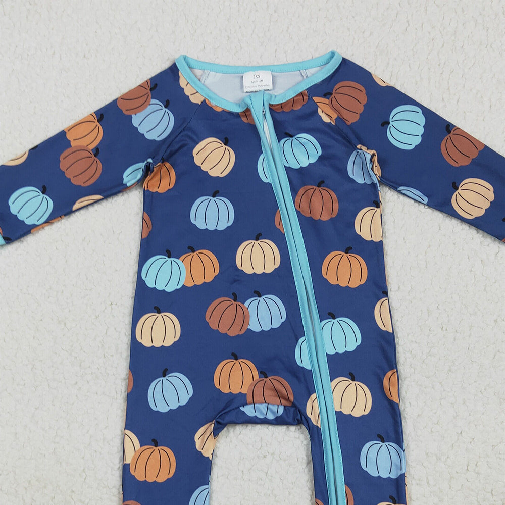 RTS NO MOQ （In stock）LR2364 Baby Boys Winter Rompers Baby Boys Long Sleeves Colorful Pumpkins Zipper Pant Rompers