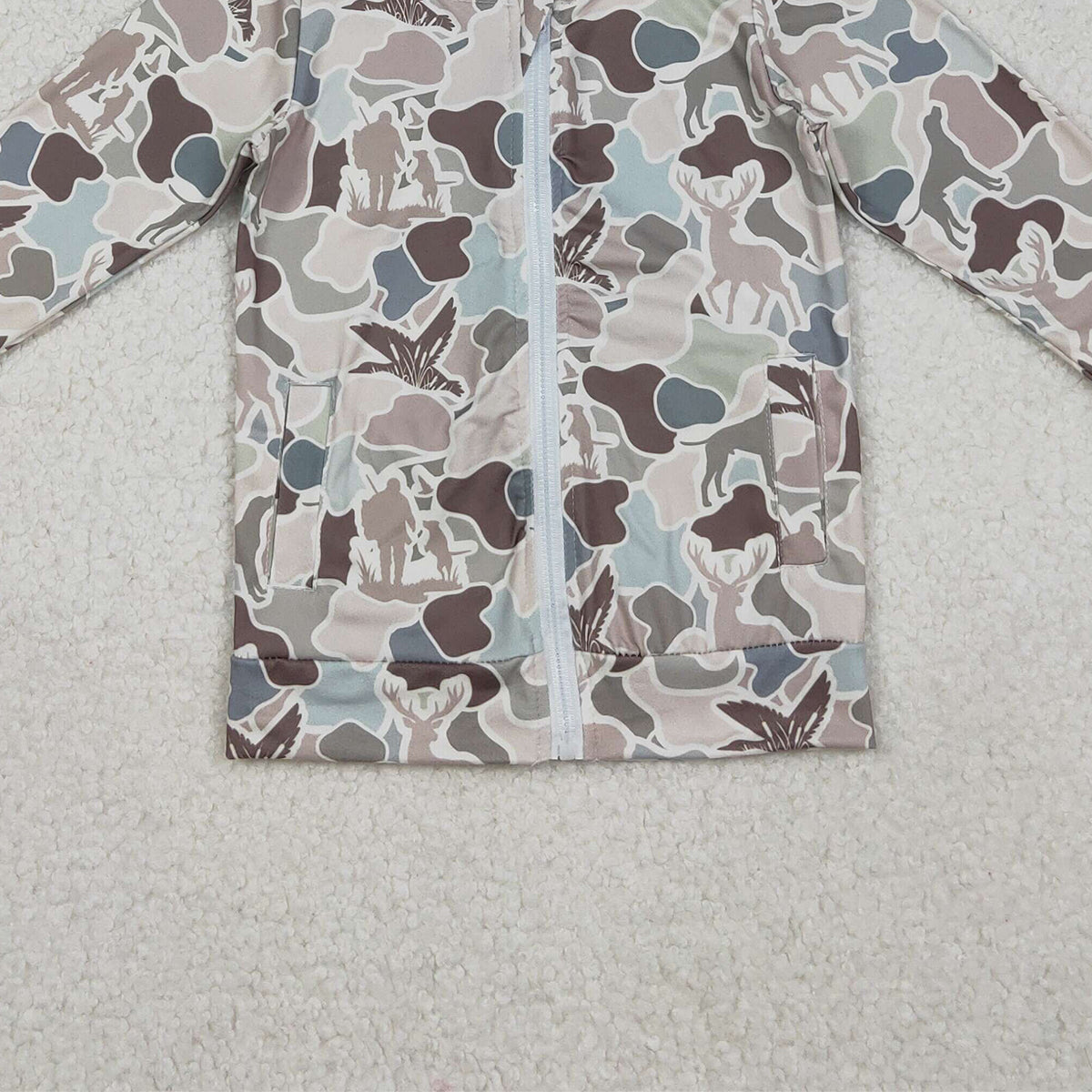 11.3 RTS NO MOQ （In stock）BT1390 Baby Boys Dogs Deer Ducks Camo Pockets Zipper Hunting Hoodie Jackets Top