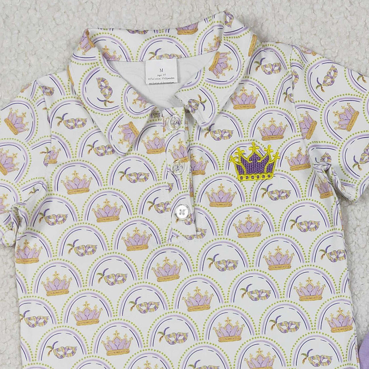 12.23 RTS NO MOQ （In stock）BSSO1565 Embroidery Crowns Baby Boys Mardigras Checked Button Polo Top Shorts Clothes Sets
