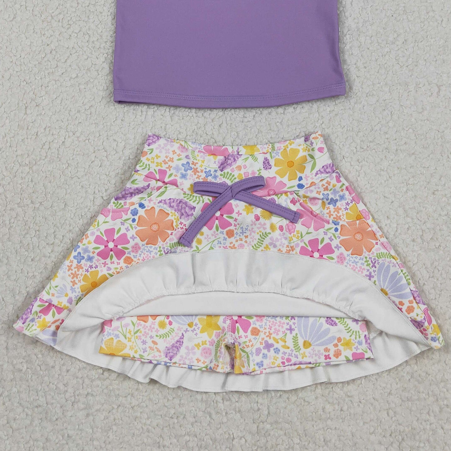 GSD3771 RTS NO MOQ （In stock ）Sleeveless lavender top floral skirt girls active wear set