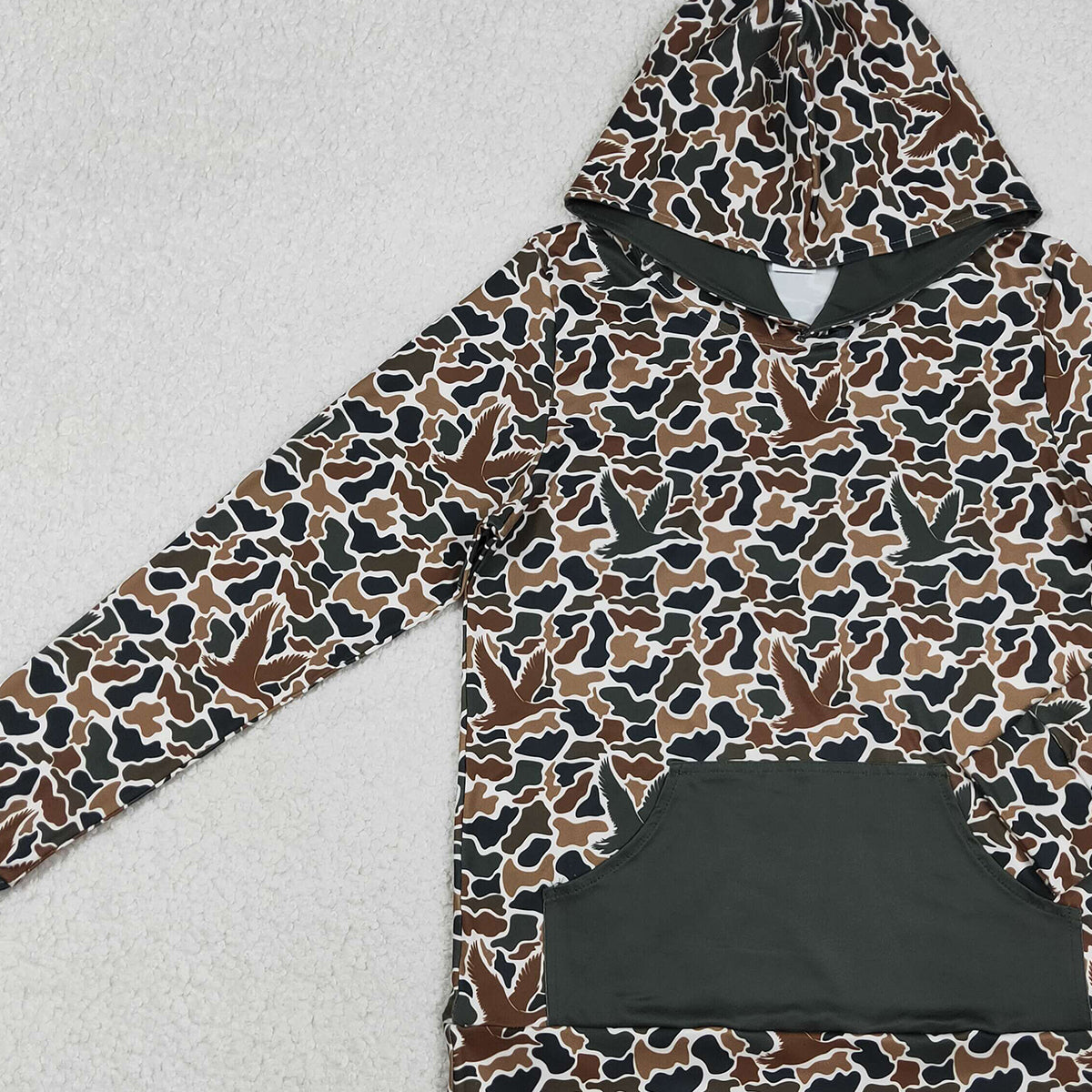 12.12 RTS NO MOQ （In stock）BT1472 Adult Men Dark Brown Ducks Camo Pocket Southern Hunting Hoodies Top