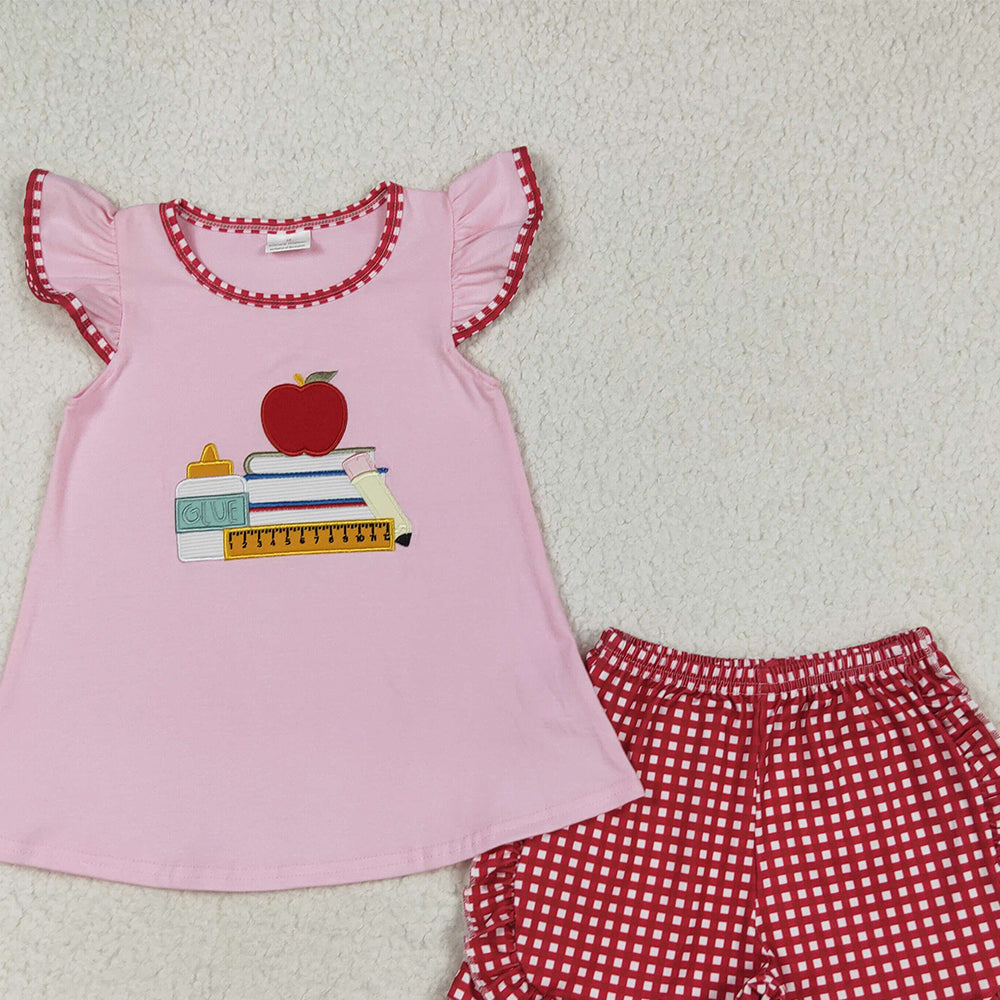 USA Shop (in stock)GSSO2069 RTS NO MOQ Baby Girls Summer Outfits Baby Girls Pink Sleeveless Apple Pencil Top Plaid Ruffle Shorts Set