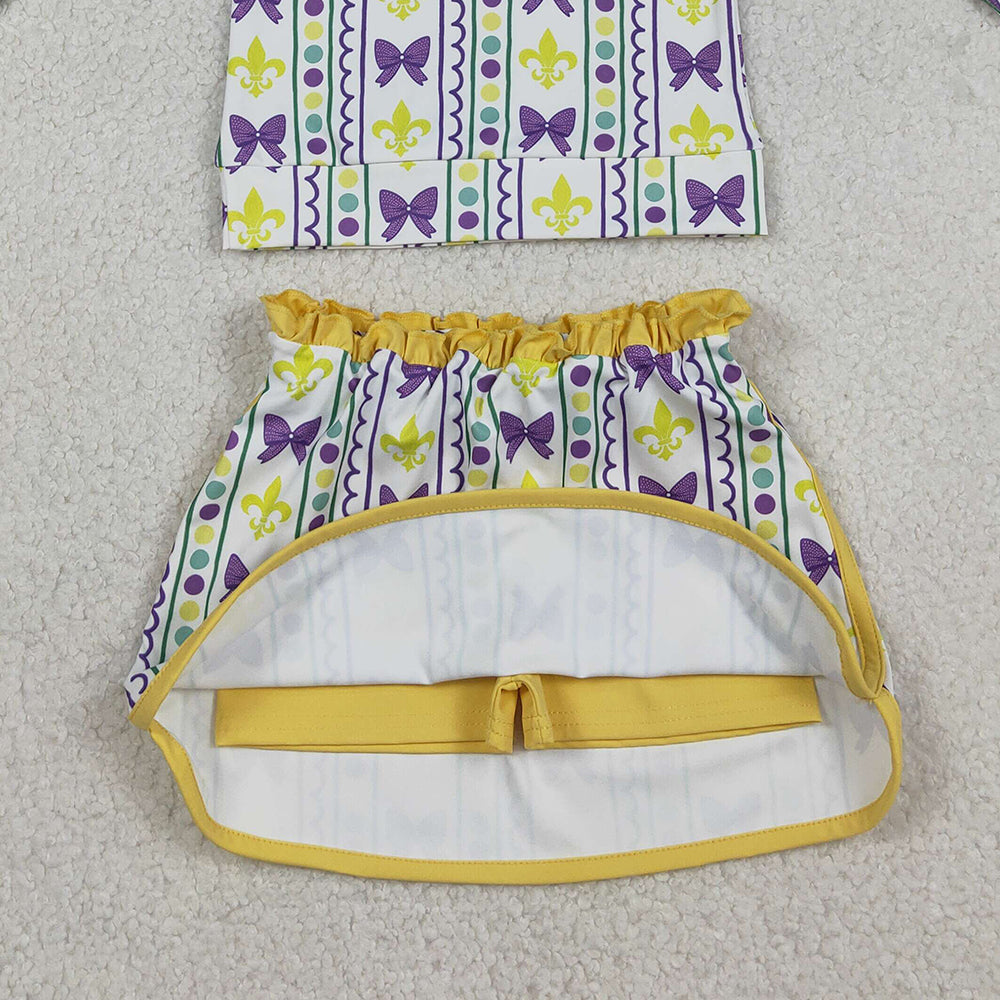 12.13 RTS NO MOQ （In stock）GLD1363 Baby Girls Mardigras Anchors Bows Stripe Zip Pullovers Skirt Shorts Yoga Active Clothes Set