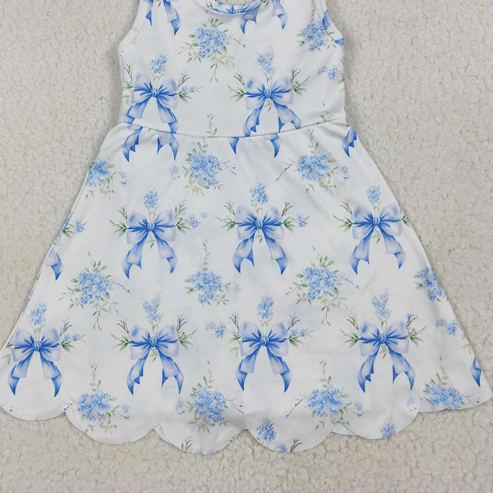7.10 GSD2587RTS NO MOQ Baby Girls Summer Yoga Dress Baby Girls Blue Bows Floral Activity Wear Yoga Short Skort Knee Length Dresses