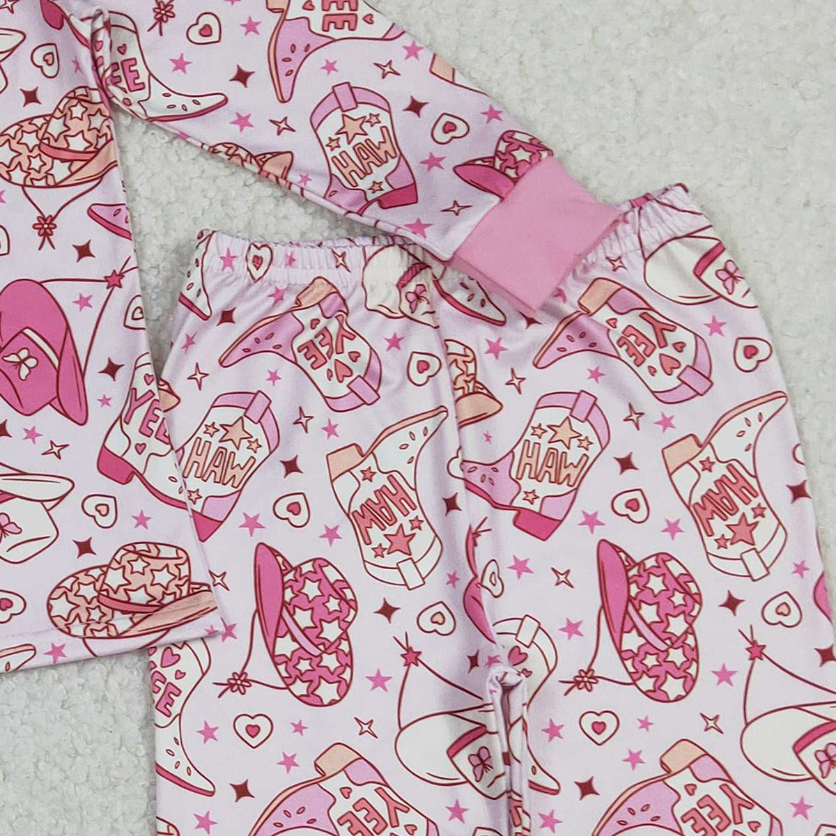 12.26 RTS NO MOQ （In stock）GLP3085 Baby Girls Pink Howdy Boots Hats Top Pants Western Pajamas Sets