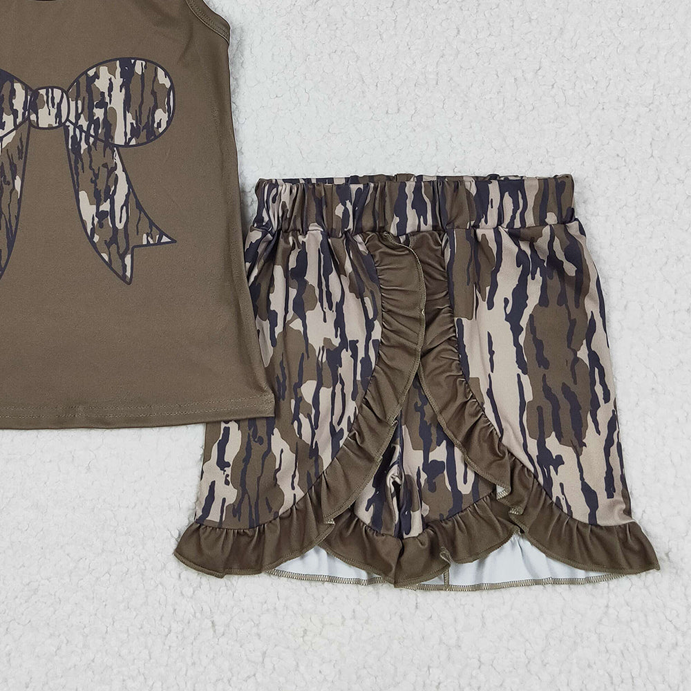 7.05 GSSO1627RTS NO MOQ Baby Girls Summer Outfits Baby Girls Dark Green Bows Vest Ruffle Bottomland Camo Shorts Clothes Sets