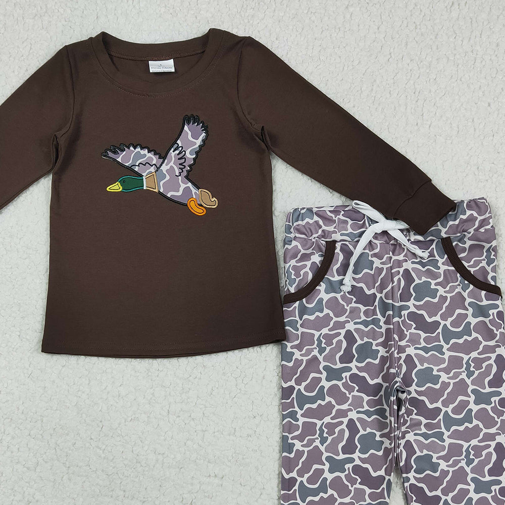 RTS NO MOQ （In stock）BLP1123 Baby Boys Winter Outfits Embroidery Baby Boys Brown Duck Top Camo Pocket Pant Sets