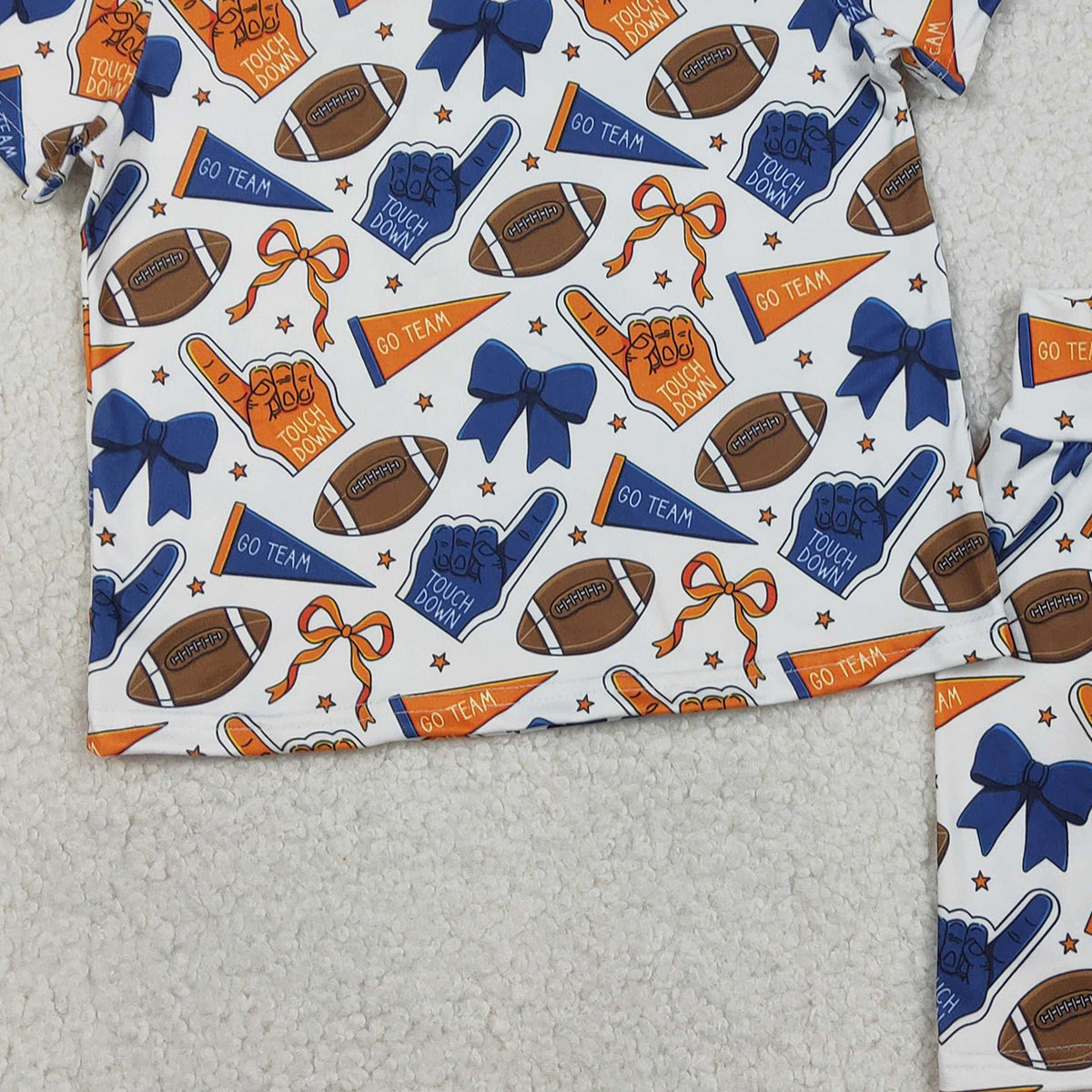 1.26 RTS NO MOQ （In stock）GSSO2722 Baby Girls Blue Orange Bows Footballs Top Shorts Team Pajamas Clothes Sets