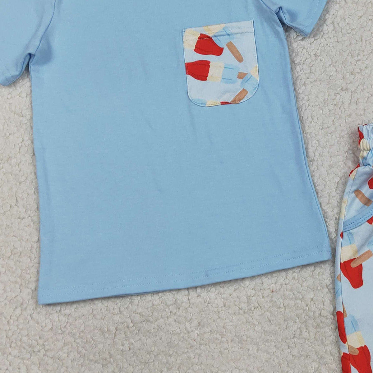 1.22 RTS NO MOQ （In stock）BSSO1844 Baby Boys Blue Shirt Top Popsicle Pockets Shorts 4th of July Clothes Sets