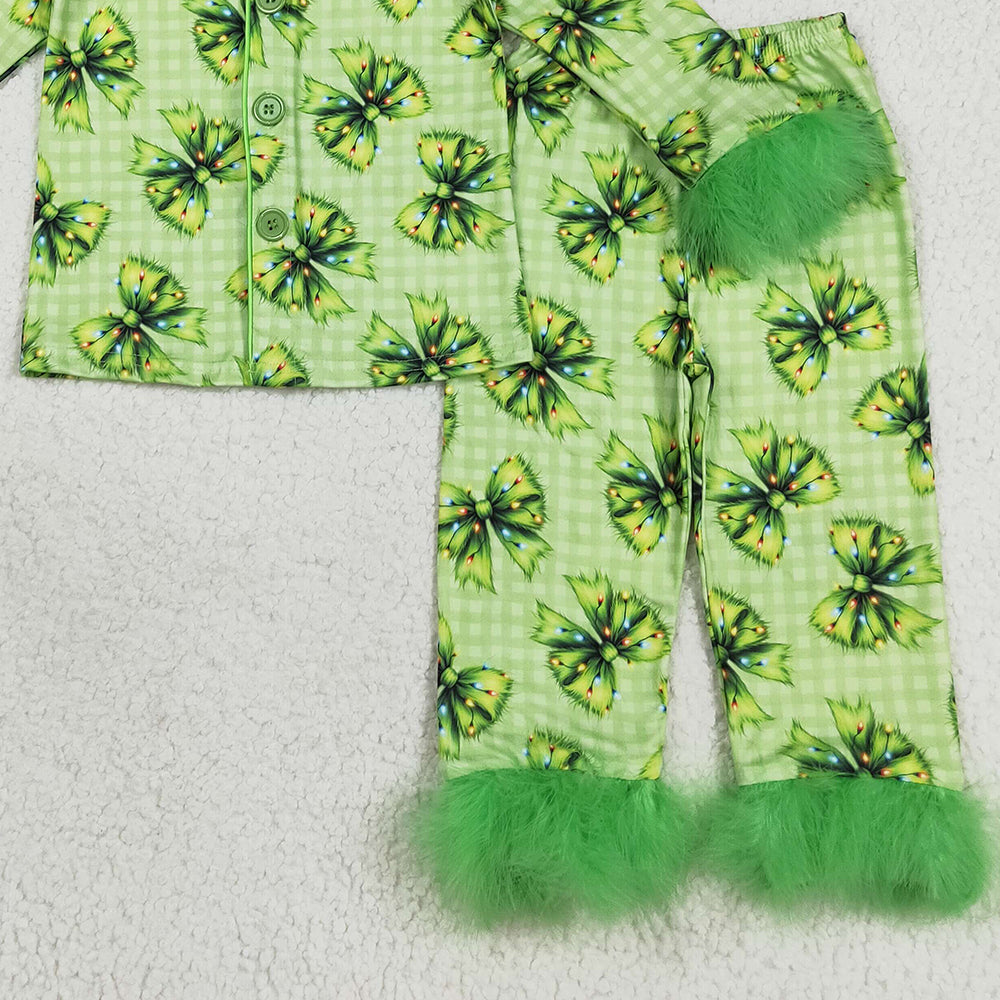 RTS NO MOQ （In stock）GLP2581 Baby Girls Winter Outfits Baby Girls Fur Sleeve Green Bows Plaid Button Top Pant Christmas Pajamas Set