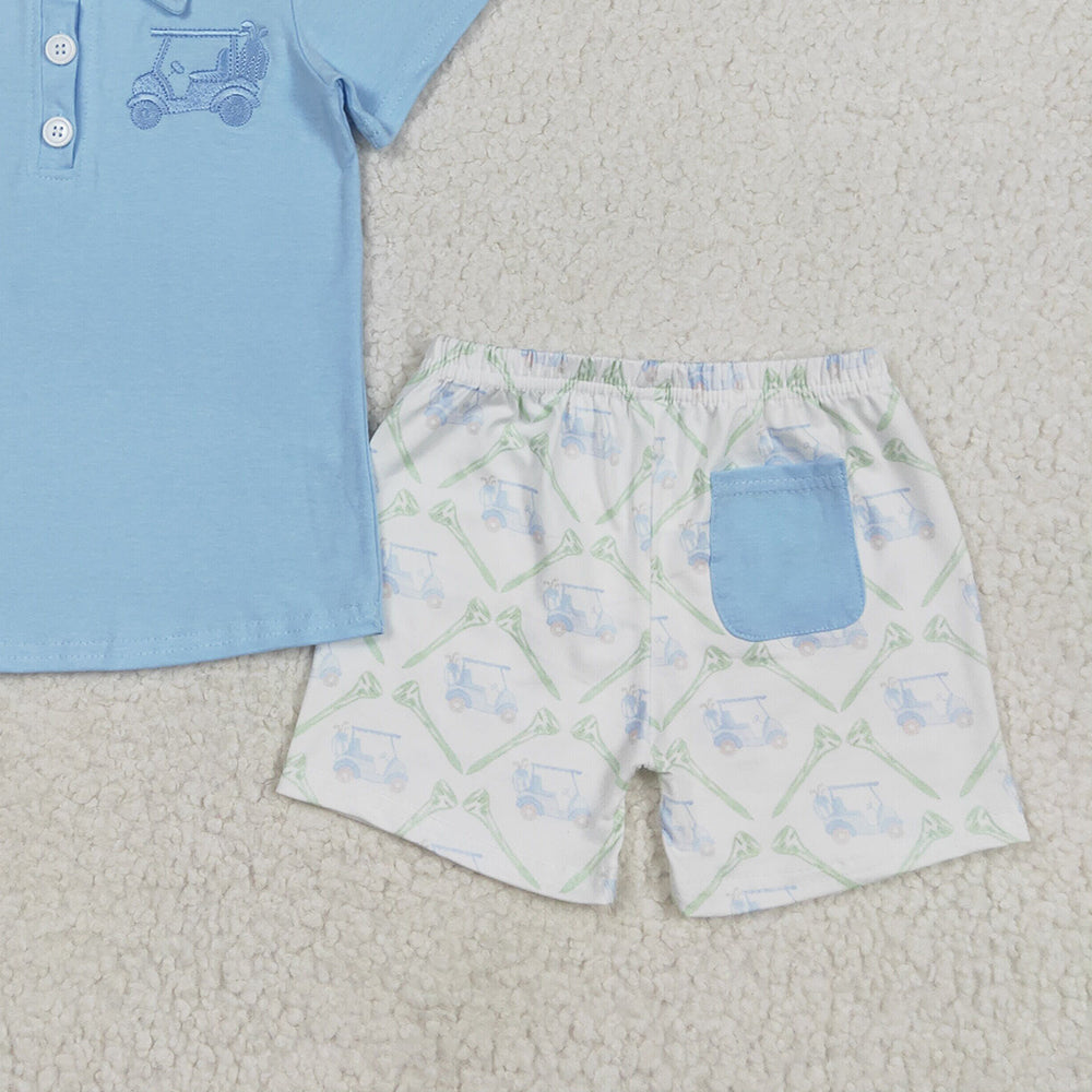 BSSO1494 RTS NO MOQ Baby Boys Summer Boys Outfits Embroidery Baby Boys Blue Short Sleeves Button Golf Top Pocket Short Set