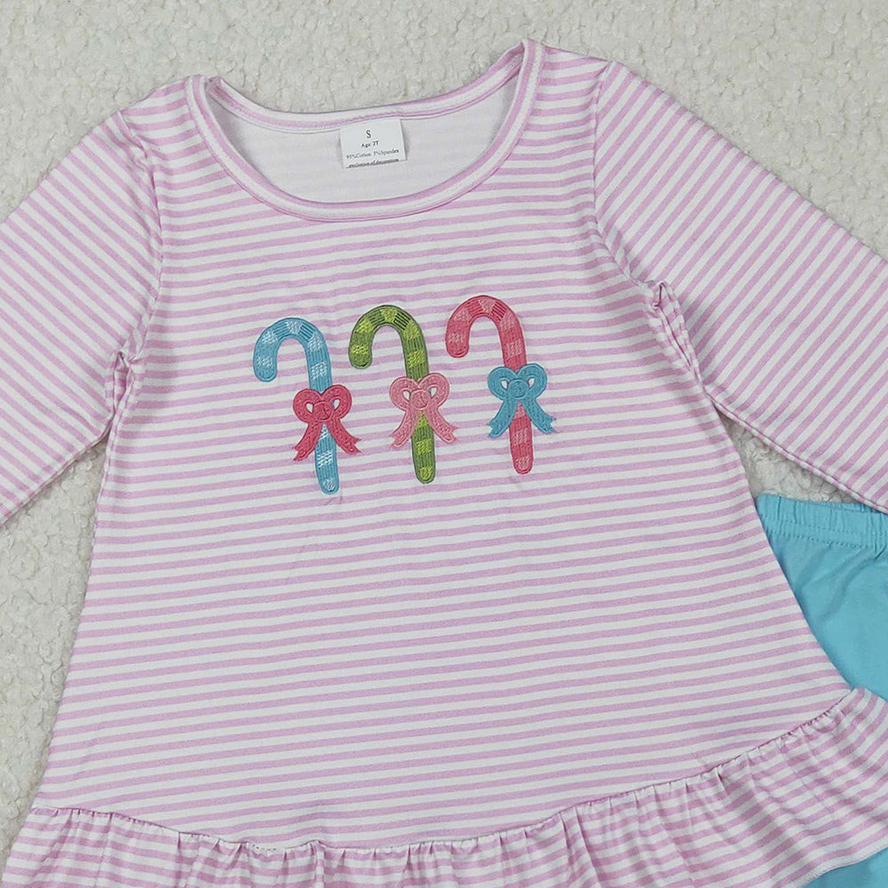 RTS NO MOQ （In stock）GLP2468 Baby Girls Winter Outfits Christmas Pink Stripe Candy Cane Tunic Legging Pants Sets