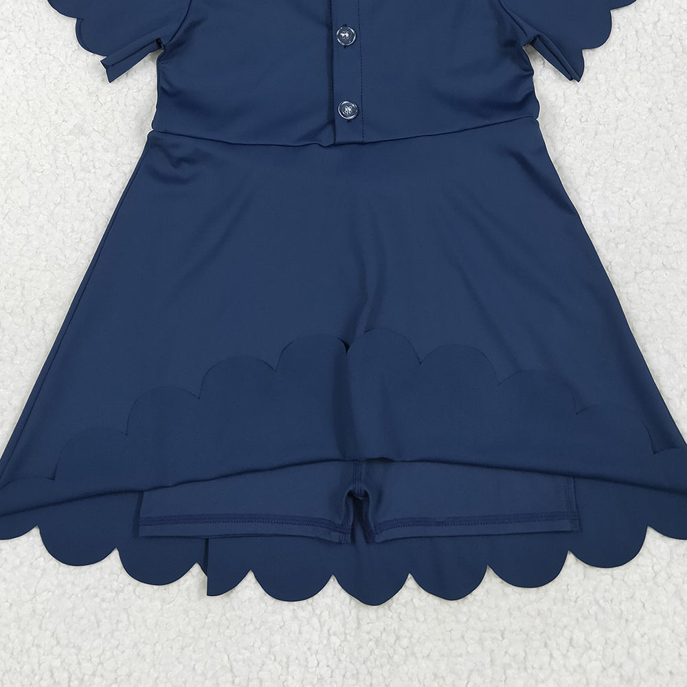 7.02 GSD2487RTS NO MOQ Baby Girls Summer Yoga Dress Baby Girls Navy Short Sleeves Button Yoga Knee Length Dresses