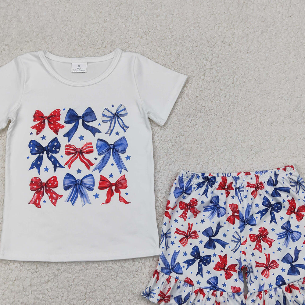 4.12 GSSO2512 RTS NO MOQ Baby Girls Summer Outfits Baby Girls July 4th Flag Coquette Shorts Outfit