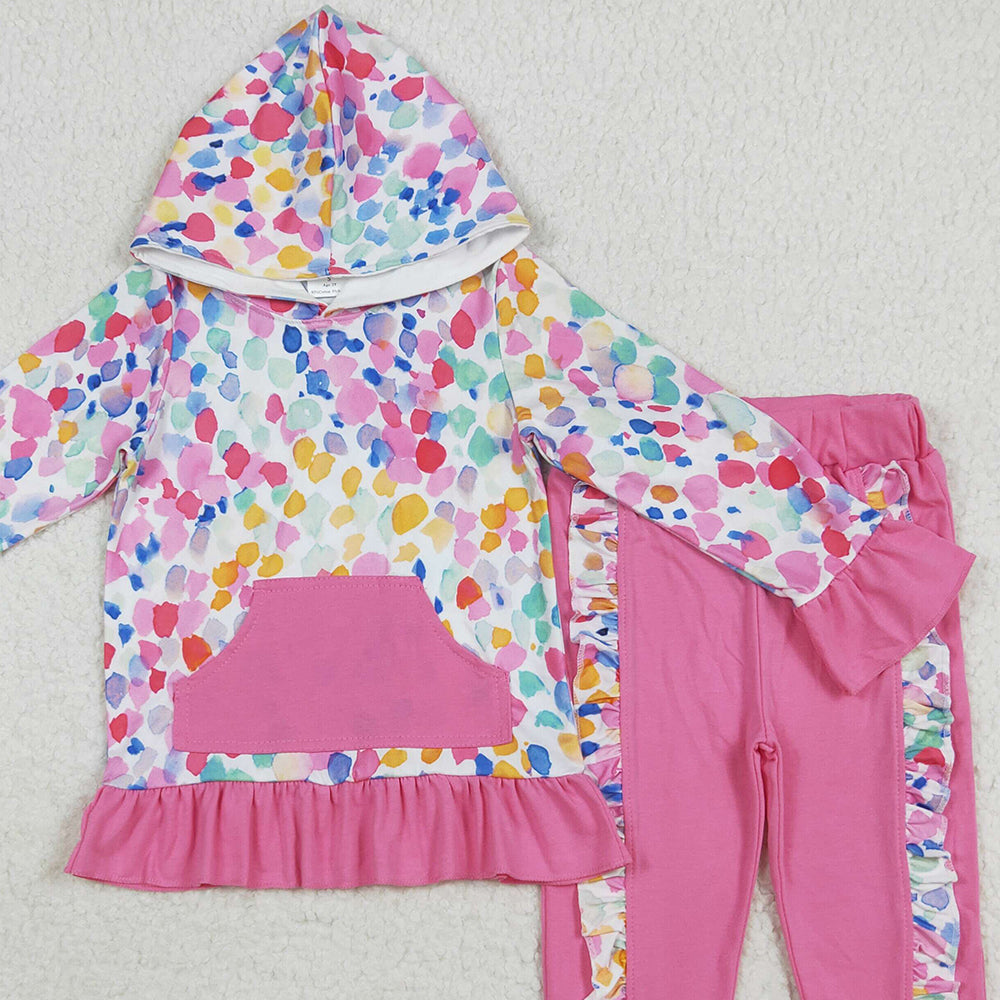 RTS NO MOQ （In stock）GLP2151 Baby Girls Winter Outfits Baby Girls Long Sleeves Colorful Tie Dye Hoodies Pockets Pants Sets