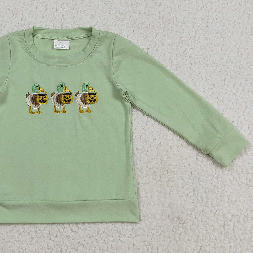 8.22  RTS NO MOQ （In stock）BT1278 Baby Boys Long Sleeve Tops Embroidery Baby Boys Green Long Sleeves Ghost Pumpkins Ducks Tee Shirts Tops