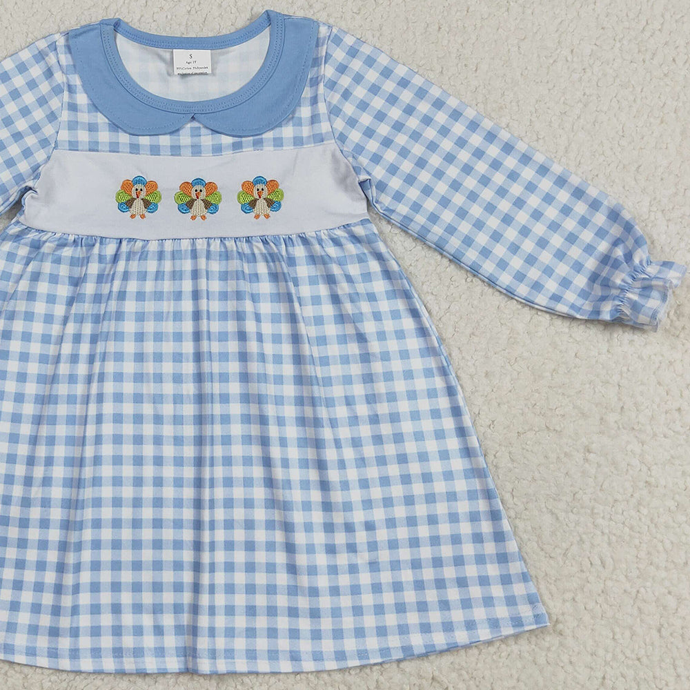8.25  RTS NO MOQ （In stock）GLD1070 Baby Girls Winter Dress Embroidery Baby Girls Blue Checkered Thanksgiving Turkey Ruffle Knee Length Dress