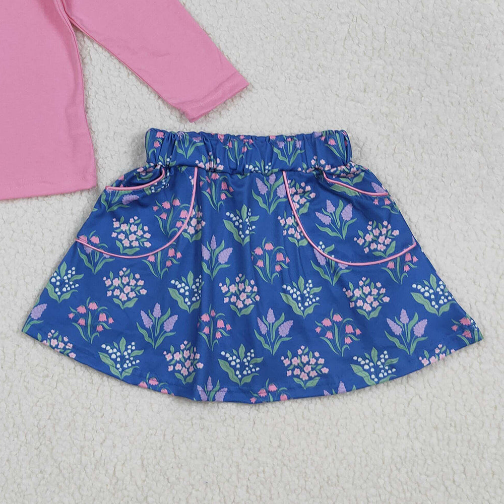 RTS NO MOQ （In stock）GLD1256 Baby Girls Skirt Sets Pink Long Sleeve Floral Top with Pockets for Girls Children's ClothingSet Skirt