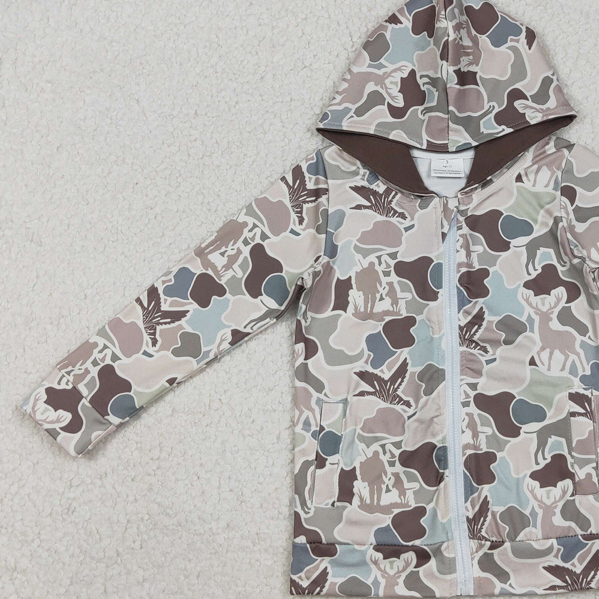 11.3 RTS NO MOQ （In stock）BT1390 Baby Boys Dogs Deer Ducks Camo Pockets Zipper Hunting Hoodie Jackets Top