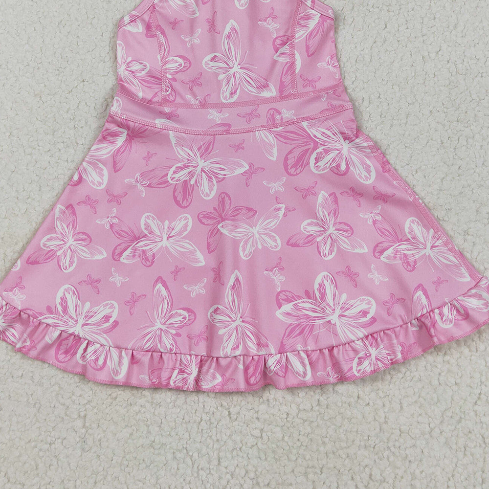 7.16 GSD2292 RTS NO MOQ  Baby Girls Summer Yoga Dress Baby Girls Pink Strap Butterfly Yoga Ruffle Knee Length Dresses