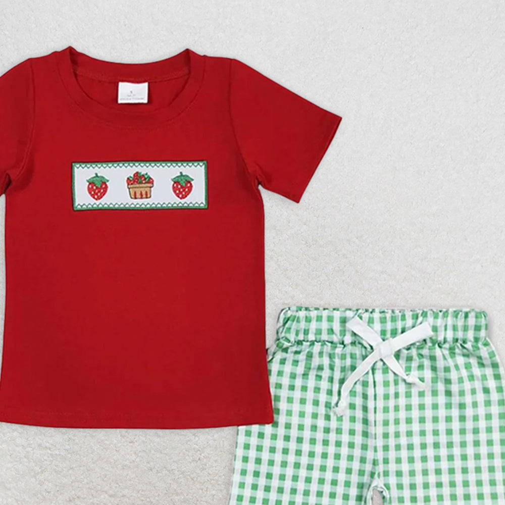 BSSO0810RTS NO MOQ Baby Boys Summer Boys Outfits  Baby Boys Red Strawberry Cake Shirt Top Shorts Clothes Sets
