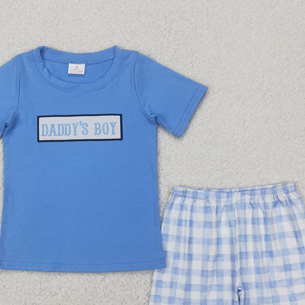 BSSO1433 RTS NO MOQ Baby Boys Summer Boys Outfits Light blue daddy's boy plaid shorts boys clothing