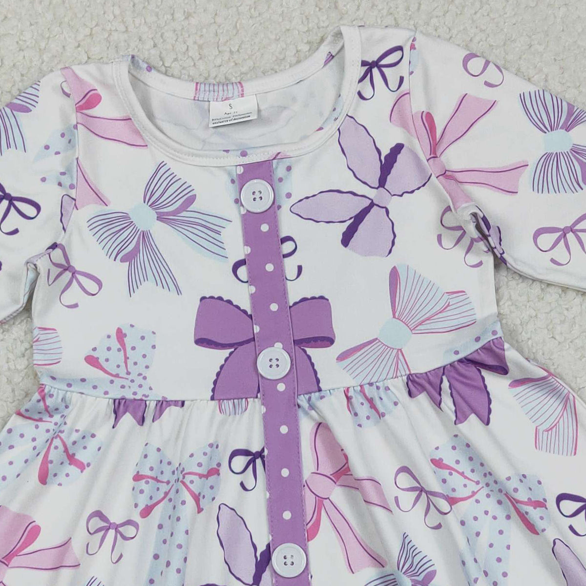 12.5 RTS NO MOQ （In stock）GLD1271 Baby Girls Winter Dress Baby Girls Purple Bows Button Ruffle Knee Length Dresses