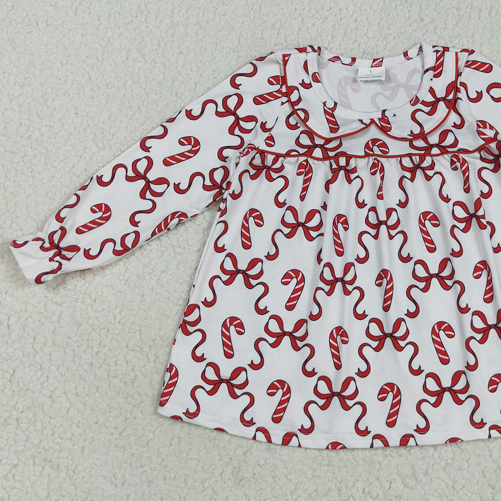 RTS NO MOQ （In stock）GLD1130 Baby Girls Winter Dress Baby Girls Christmas Red Bows Candy Cane Knee Length Dresses