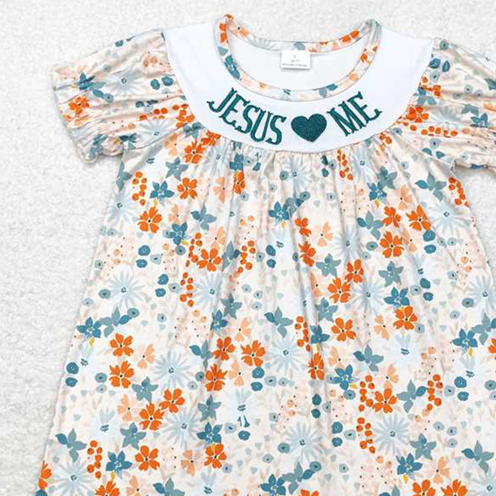 4.08 GSD1387 RTS NO MOQ Baby Girls Summer Dress Jesus Love Me Floral Short Sleeve Dress